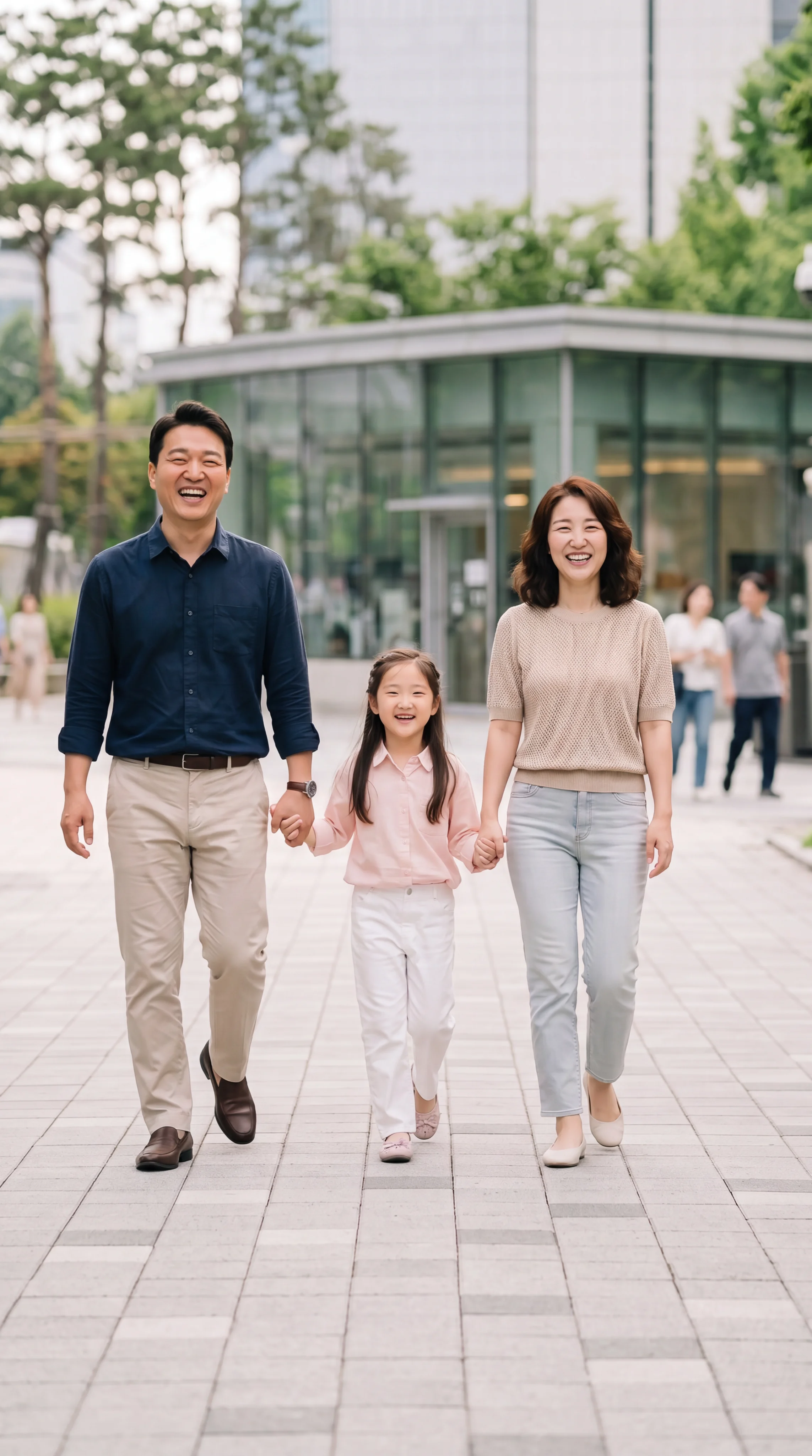 공원에서 함께 걷는 어른과 아이들