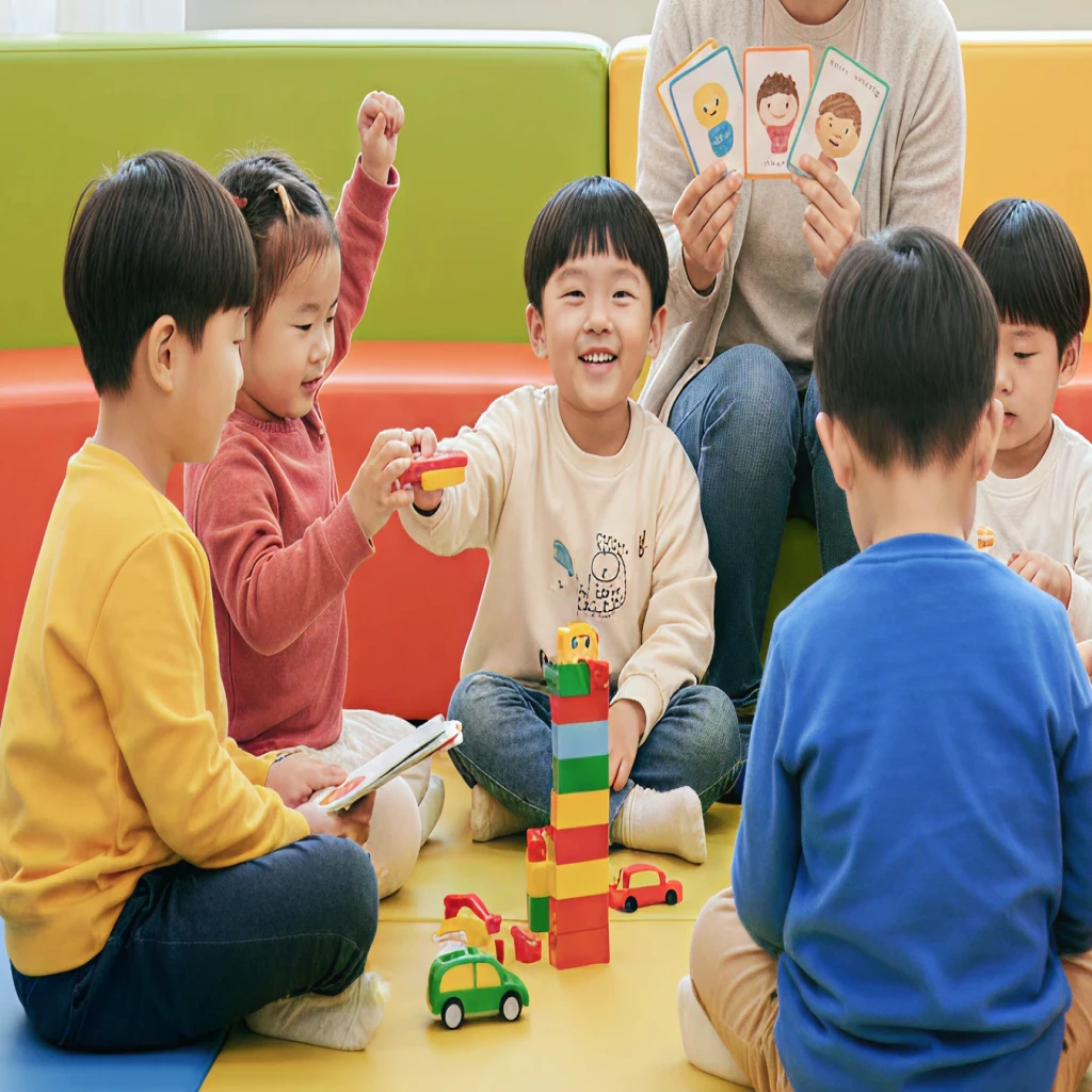 함께 블록 놀이를 하는 어린이들
