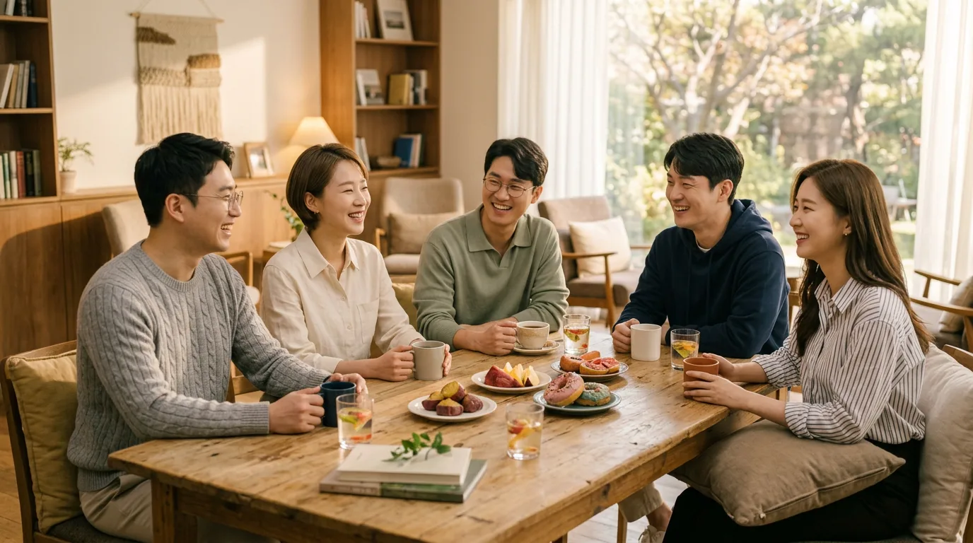 식탁에 둘러앉아 웃으며 이야기하는 창업자들