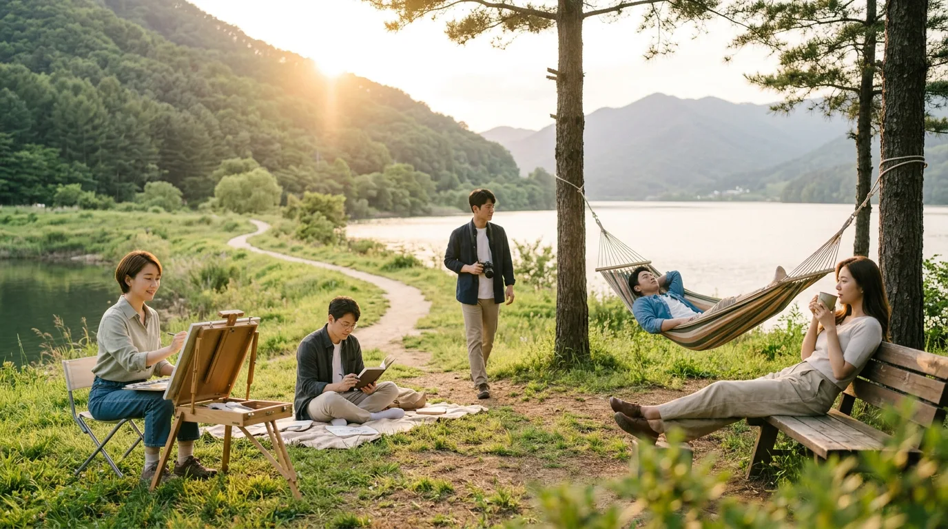 호숫가에서 그림을 그리고 산책하거나 해먹에서 쉬는 창업자들