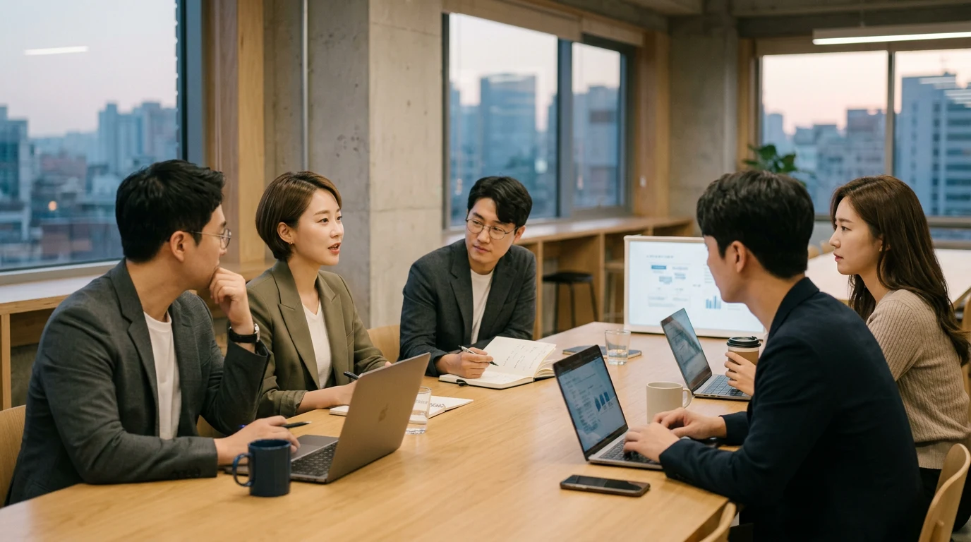 둘러앉아 사업 이야기를 나누는 창업자들
